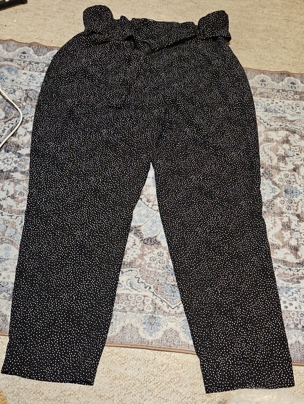 Express Black with White Dot Paperbag Waist Trousers With Belt.